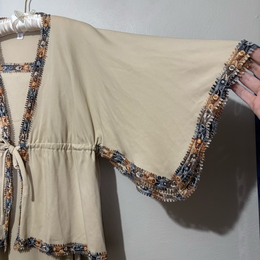 70s Union Made Beige Maxi Slip Dress Lace Detail Kaftan Style Cardigan Wrap Vtg - Picture 9 of 16